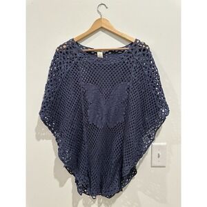 Indigo Thread Co Womens XS Small Crochet Navy Blue Butterfly Round Hem Sweater